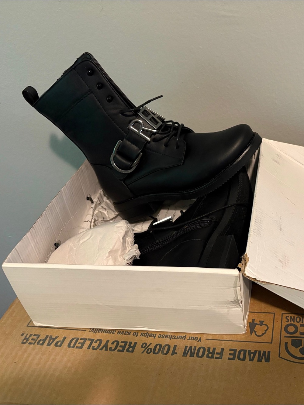 Aldo Black Lace-Up Combat Boots with Buckle Accent